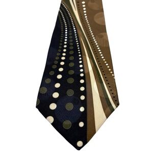 Zylos George Machado Italian Silk Tie Retro Dot Pattern Brown Navy 4" x 57"